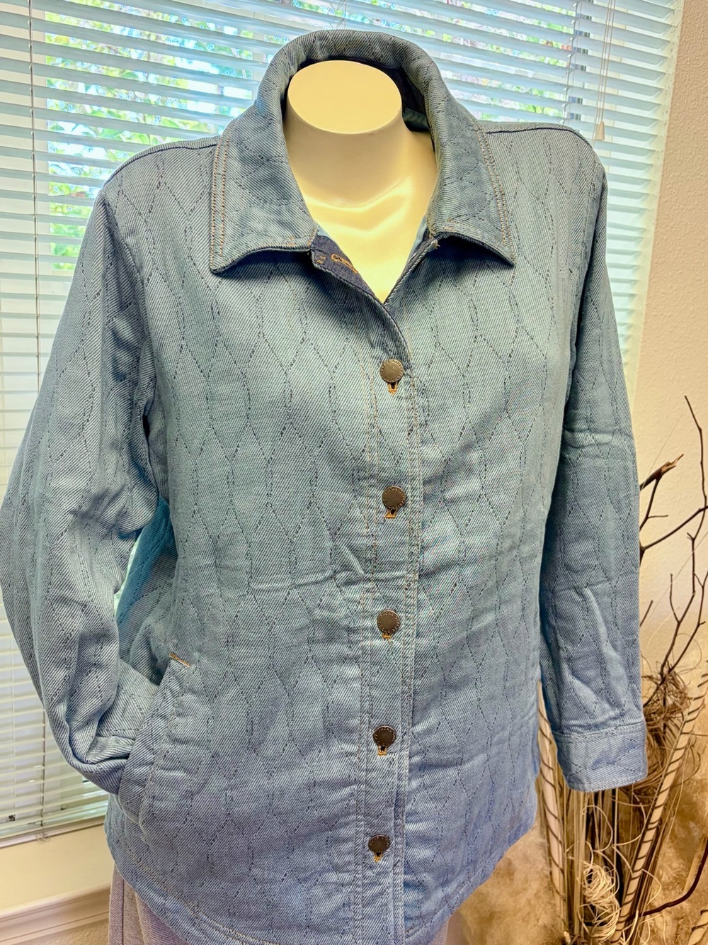 Light Blue Denim Look Quilted Button Jacket NWT
